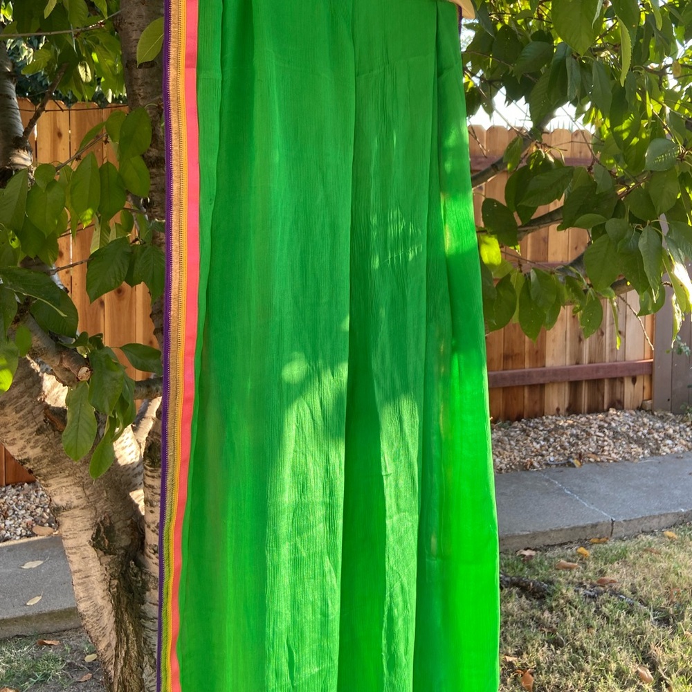 Vibrant Green Sheer Scarf with Multicolor Border - Picture 6 of 7